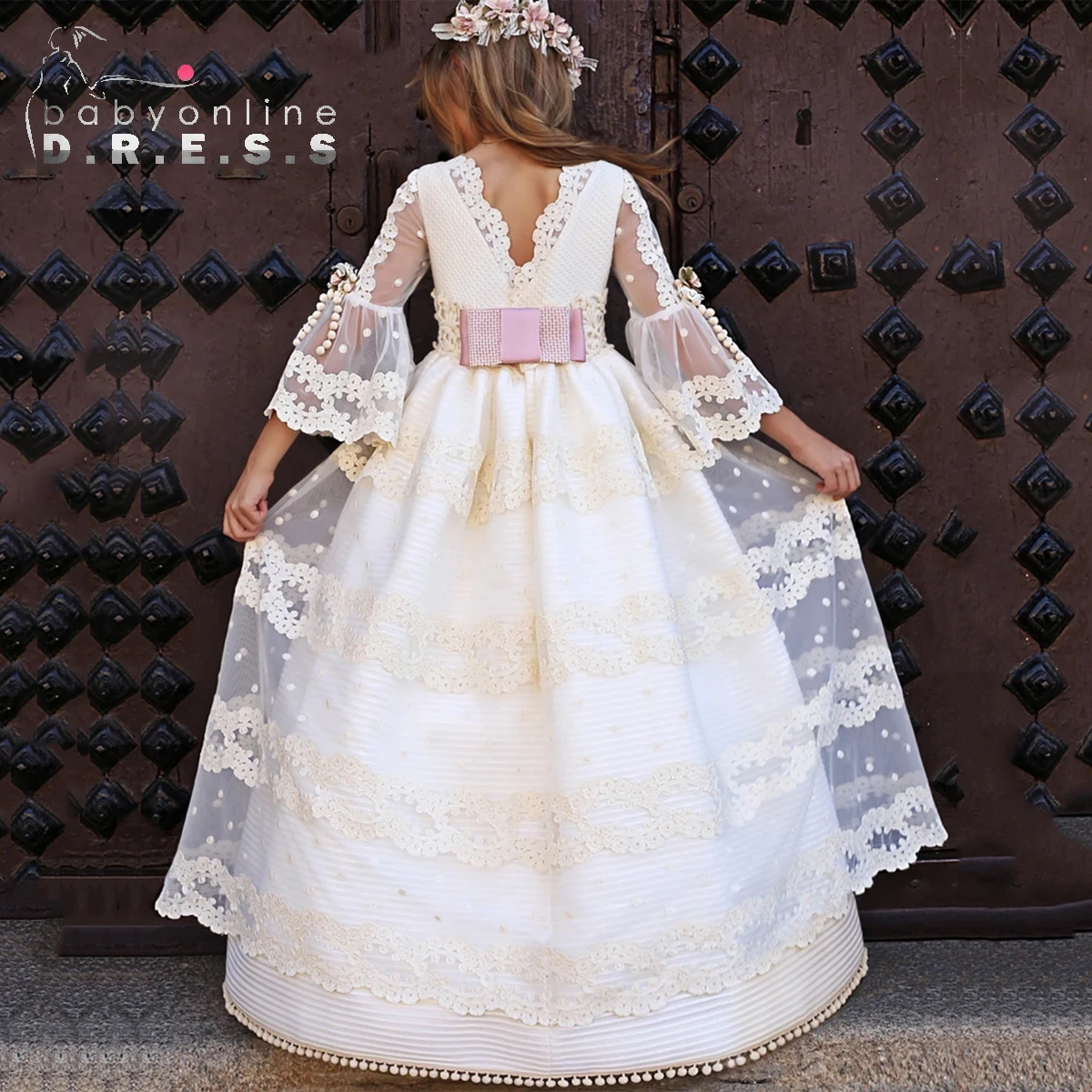 BABYONLINE Fairy Flower Girl Dress for Kid Vintage Princess Lace Embroidery  Floral Ribbon Belt Bridemini Wedding Party Gown