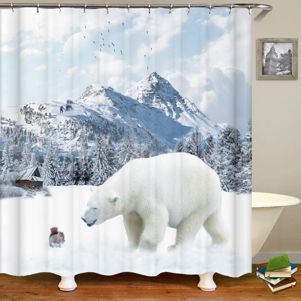 Cute Polar Bear Shower Curtain 3D Printing Animal Waterproof Bathroom Curtain Polyester Fabric Home Decoration Bath Screen