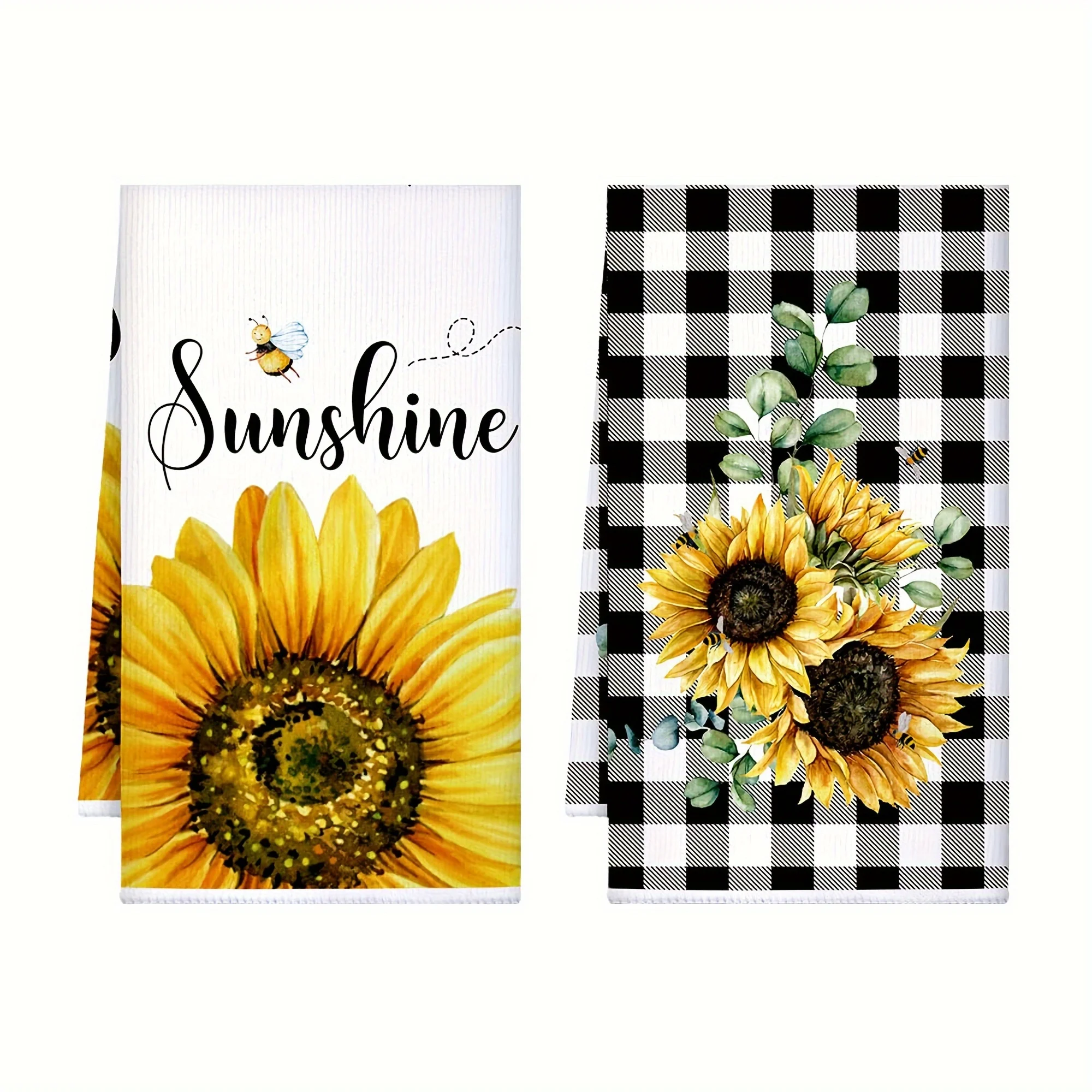 2pcs, Hand Towels, Sunflower Buffalo Plaid Printed Kitchen Towels, Decorative Dish Towels, Fast Drying Scouring Pad, Soft Absorb