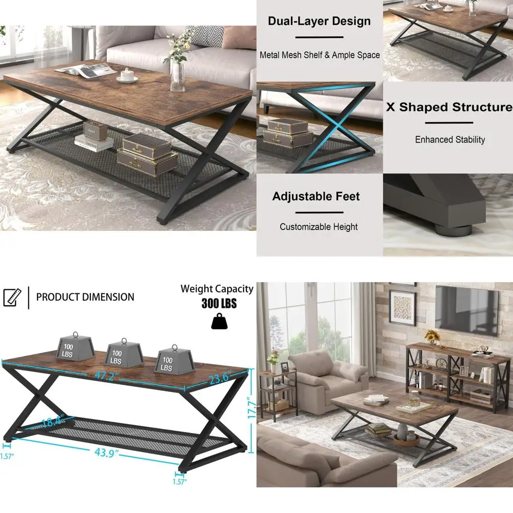 

Industrial-Style 2-Tier Metal & Wood Coffee Table with Mesh Shelf, Rustic Brown, 47 for Living Room, Office, or Bedroom