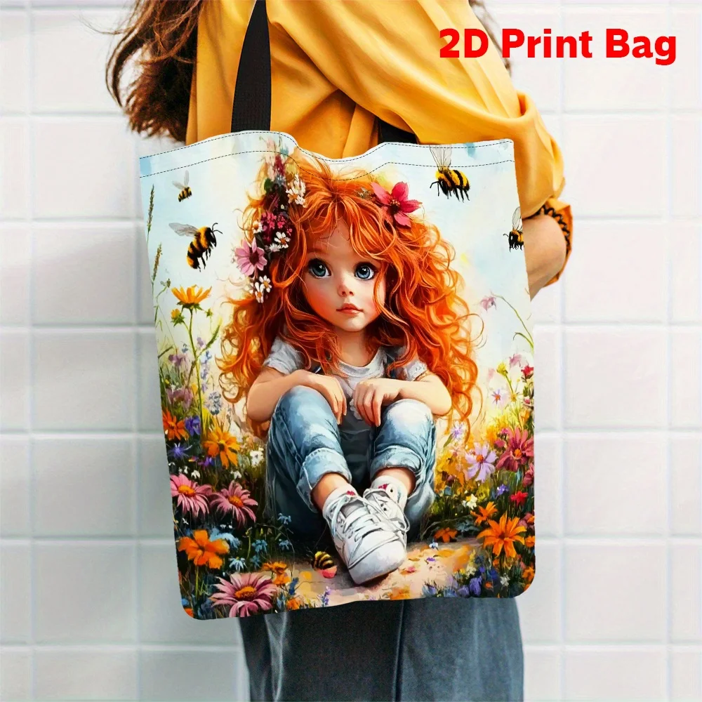 Spring Tote Bag with The Little Woman in The Flower Bed Reusable, Multi-functional Handbag Fashionable Shopping Bag Use 18x25cm
