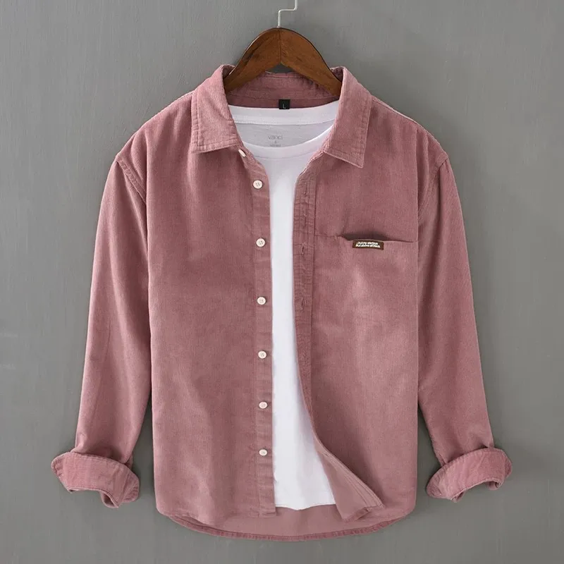 Retro American Long Sleeve Shirt Men's Workwear Loose Comfortable Casual Corduroy Shirt Jacket Spring Autumn Wear Polyester F...