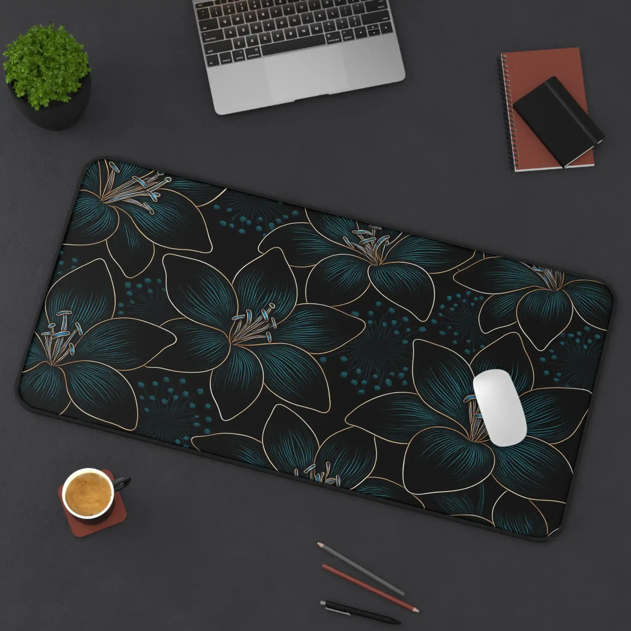 Dark Floral Pattern Blue-green Black and Gold Outlined Placemat, Artistic Style Plant Desk Mousepad,natural Aesthetic Home Decor