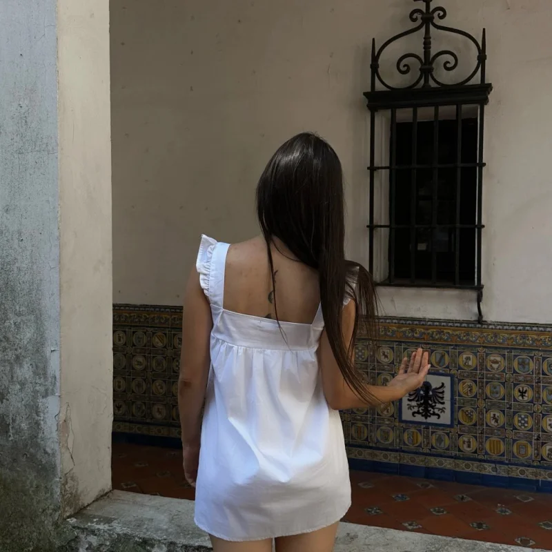 Y2K 여성용 체크 무늬 베이비돌 드레스 - 여름용 프릴 스트랩이 있는 스퀘어 넥 민소매 미니