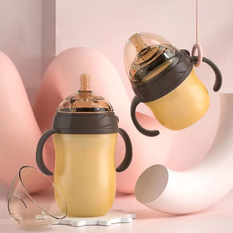 

1pcs silicone baby bottle with handle, wide-mouth baby bottle, imitation breast milk design, 250ml and 150ml can be selected