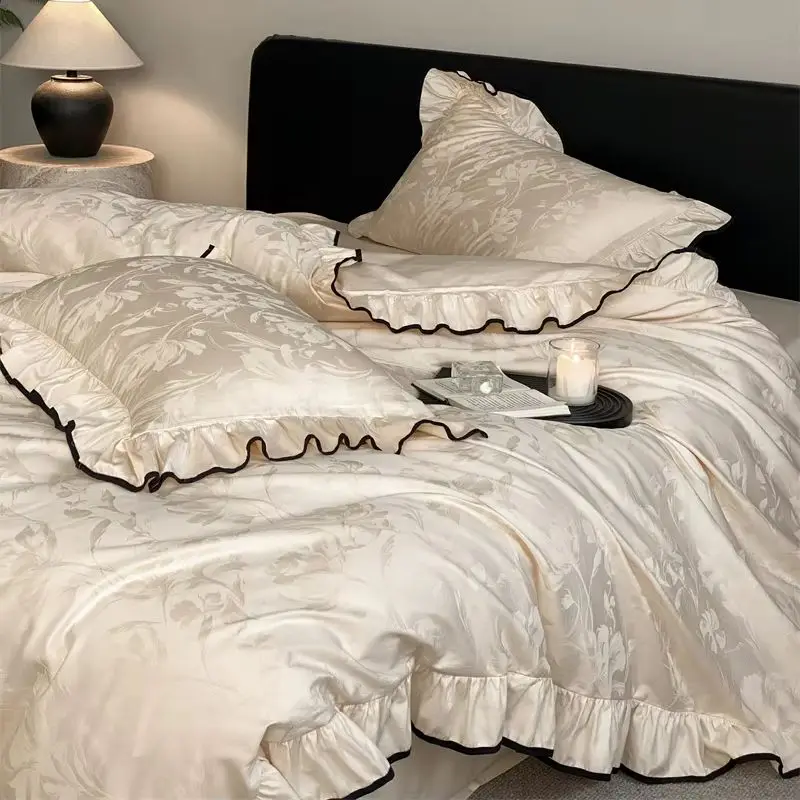 Luxury Egyptian Cotton Flowers Jacquard Bedding Set Vintage Ruffle Duvet Cover Black Piping, Bed Sheet/Fitted Sheet Pillowcases