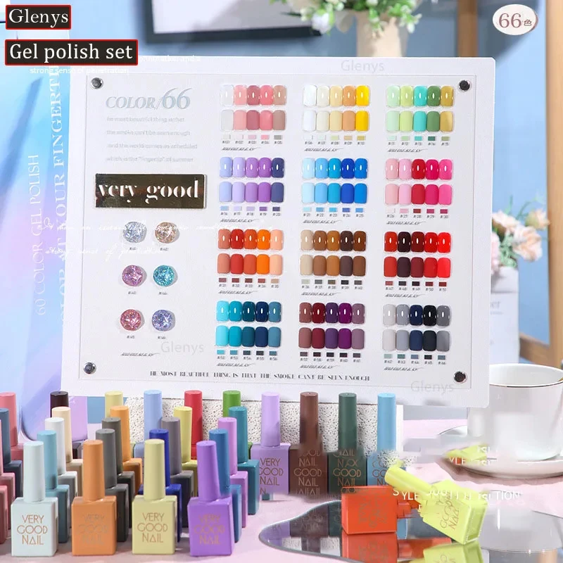 Glenys 66 pieces * 15ml nail polish glue popular semi permanent immersion gel whitening color matching card varnish set