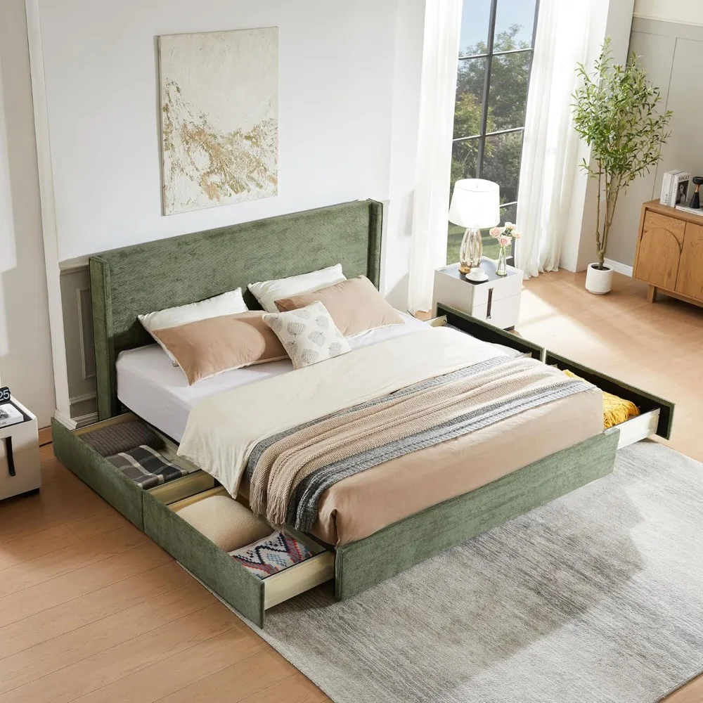 

King Size Bed Frame with Storage Drawers, Corduroy Upholstered Platform Bed Frame with Wingback Headboard, Underbed Storage