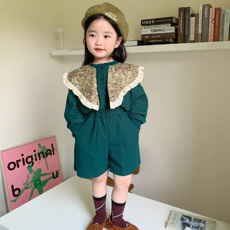 

Korean Set Autumn Outfit for Girls Sweatshirt Children's Retro Large Collar Top Little Girl Shorts Two-Piece Set