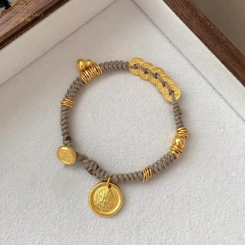 God of Wealth Five Emperors Coin Wrapped Bracelet Women's New Gold Color Gourd Woven Bracelet for Valentine's Day Gift Classic
