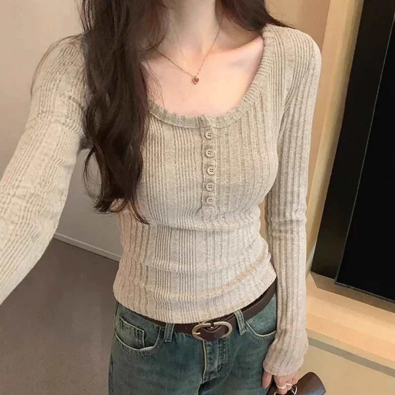 

American Retro Half-Open Collar Long SleeveTWomen's-shirt2025New Spring and Autumn Design Sense Niche Short Bottoming