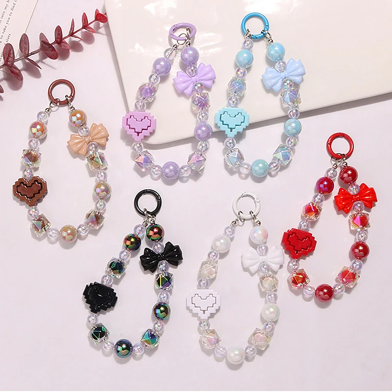 Acrylic Color-Plated Heart Keychain Cute Flower Beaded Keyring Bag Pendant Charms Earphone Case Decoration Accessories