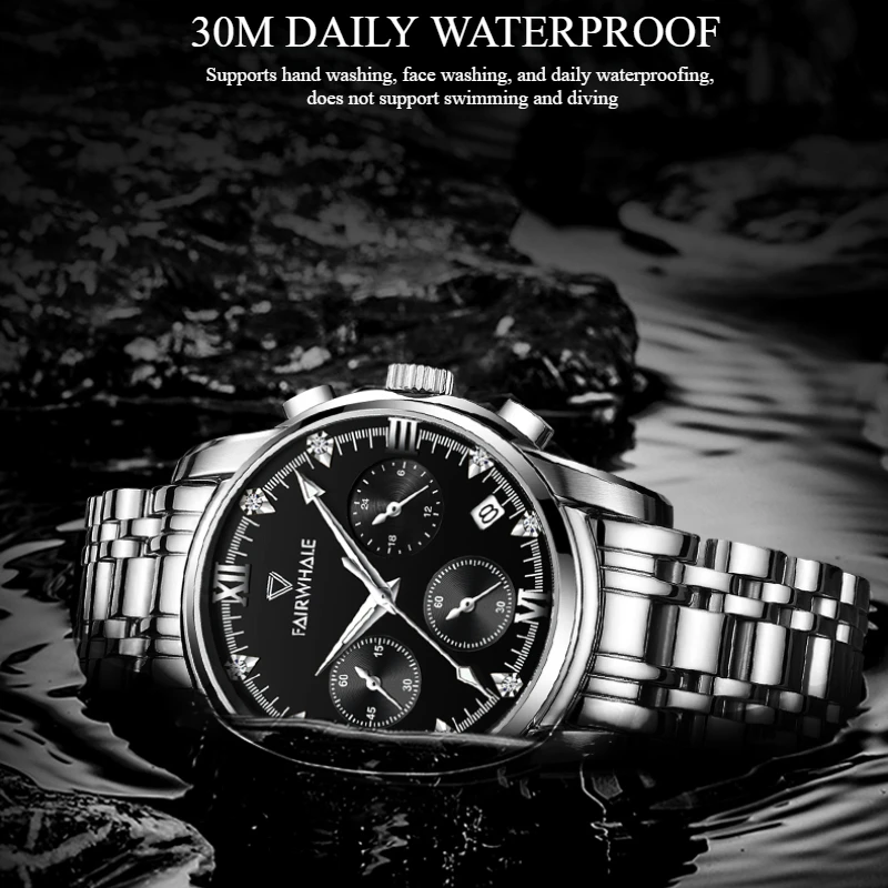 Mark Fairwhale 5380 Relógio de negócios masculino com fivela borboleta de aço inoxidável cronógrafo de quartzo relógio de pulso à prova d'água