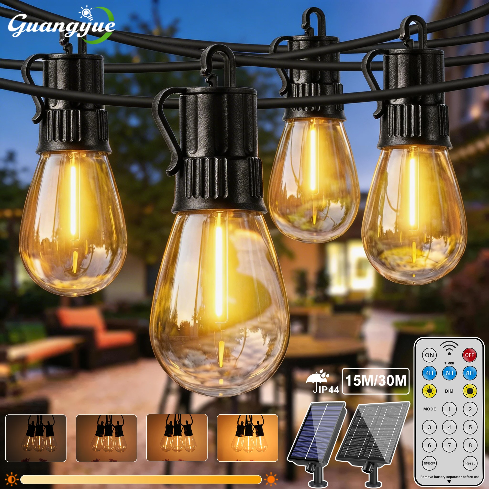 S14 Plastic Outdoor Solar String Light 24V Rechargeable Dimmable Waterproof Break-proof Hanging Lights for Garden Backyard Cafe