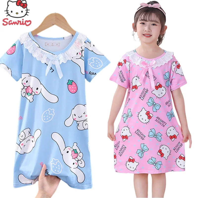 

Kawaii Sanrio Hello Kitty Kids Nightgowns Anime Cinnamoroll My Melody Kuromi Summer Sweet Short-sleeved Pajamas Cute Girl Gifts