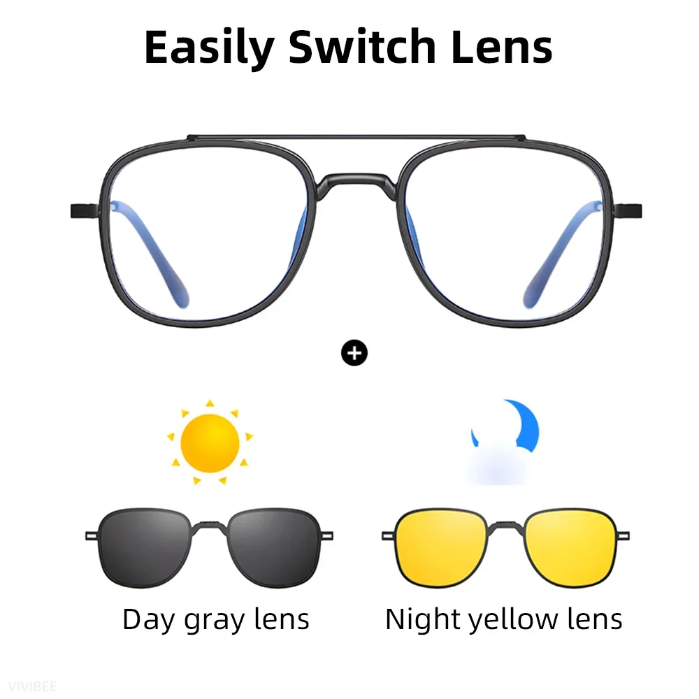 VIVIBEE Blue Light Blocking Glasses Magnetic Clip On Sunglasses Polarized Square Men Frame UV400 Optical Women Eyeglasses