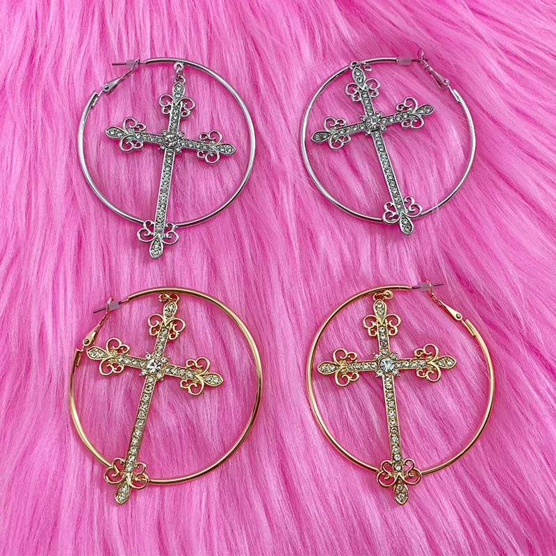 Accesorios de los años 2000, pendientes de aro cruzados de cristal ostentoso, pendientes de moda coreanos de lujo estéticos Punk para mujer, joyería