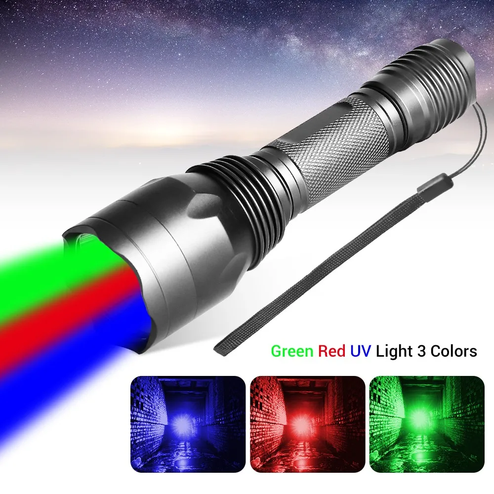 3in1 400 Lumens Tactical Hunting Flashlight Red/Green/UV light Powerful Torch Fishing Camping Torch Outdoor Waterproof Lantern