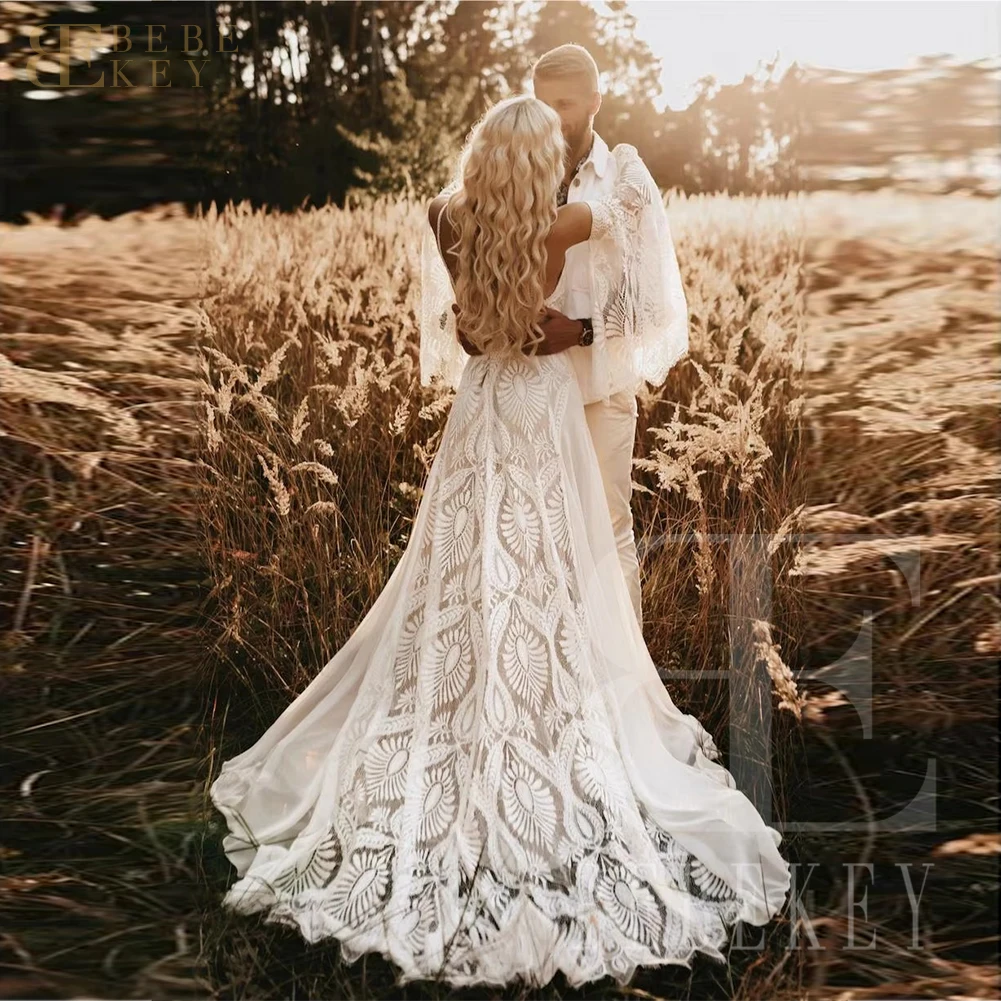 BEBEKEY ที่กําหนดเอง Boho ชุดแต่งงานลูกไม้ที่ถอดออกได้แขนด้านข้างแยกงานแต่งงานอย่างเป็นทางการชุด A-Line ชุดเจ้าสาว Robe