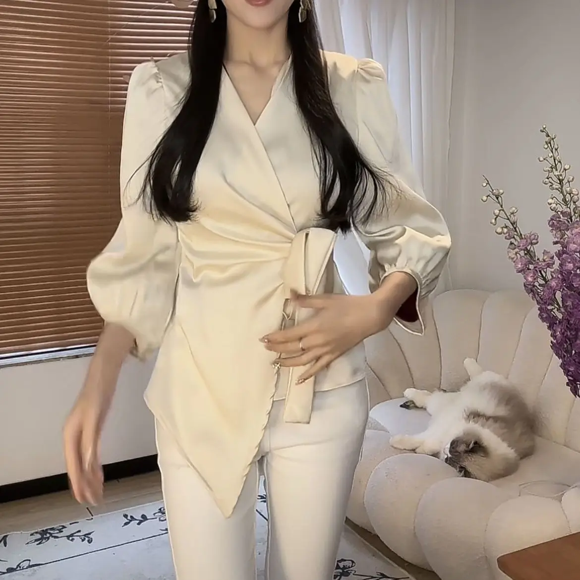 Light Cooked Satin New French Unique Design Strap Purple Slim Fit Top Shirt Waist Cinching Niche