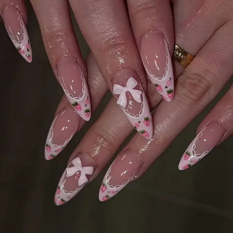 

24Pcs/box Mid-length 3D Bowknot Design False Nail Sweet strawberry Pattern Elegant Girls Wearing Press on Nails Manicure Tips