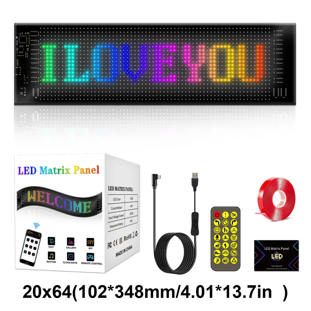

Led Panel Display USB 5V RGB Car Sign Bluetooth App Control Flexible Addressable Pattern Graffiti Scrolling Text Animation