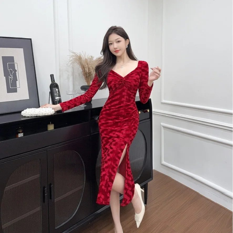 

Модное элегантное бархатное красное вечернее платье с длинными рукавами, женское облегающее платье с v-образным вырезом и боковым разрезом в стиле Харадзюку, роскошное платье в стиле ретро, халат