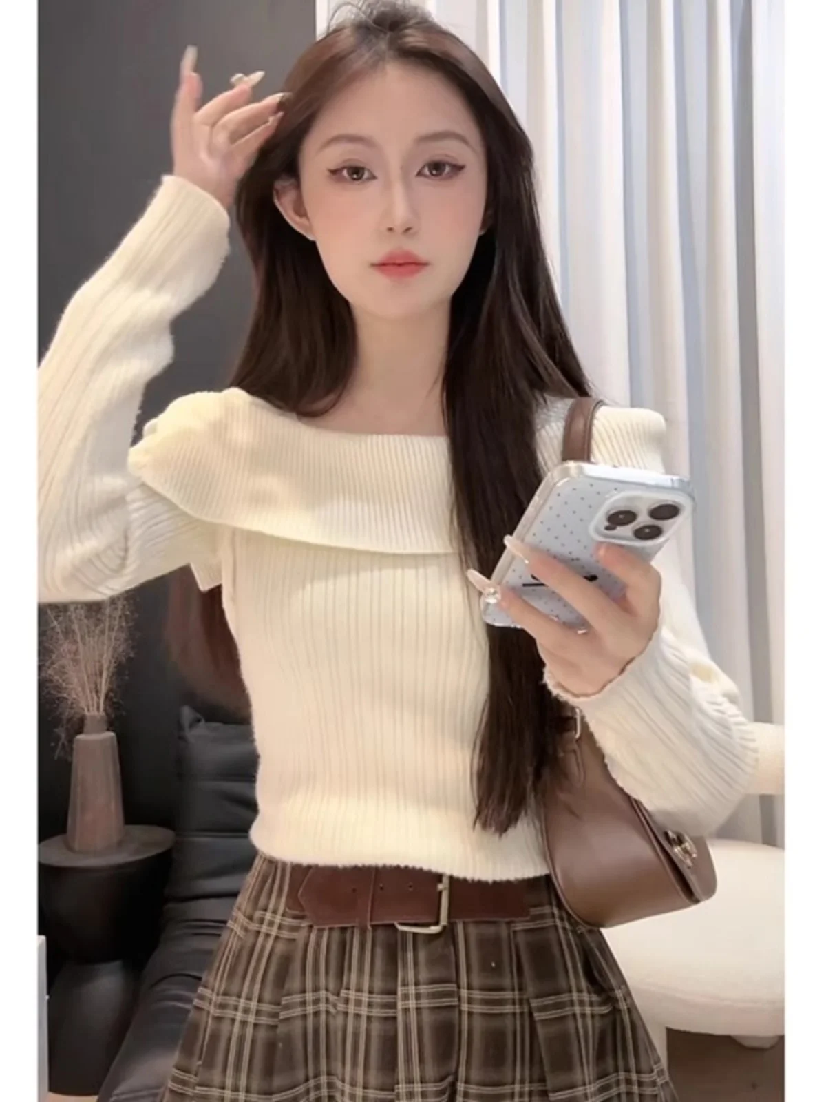Sexy Pure Desire Shoulder Bared Knitted Sweater Women's Early Autumn Slim Fit Inner Wear Base Shirt Korean Style Long Sleeve