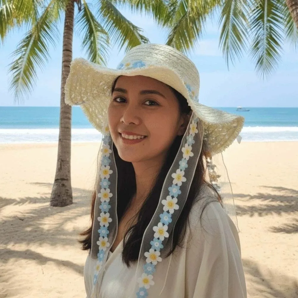 Live Show Breathable Vacation Beach Cap Lightweight with Lace Big Brimmed Straw Hat Sombrero Sunshade Topi Woven Sun Cap Women
