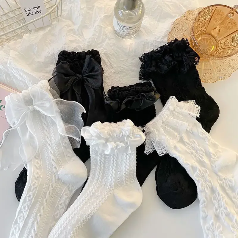 Black White Lace Bow Socks Lolita Mix Style Short Socks Girl Cute Japanese JK Sockings Mid-tube Princess Cotton Hosiery