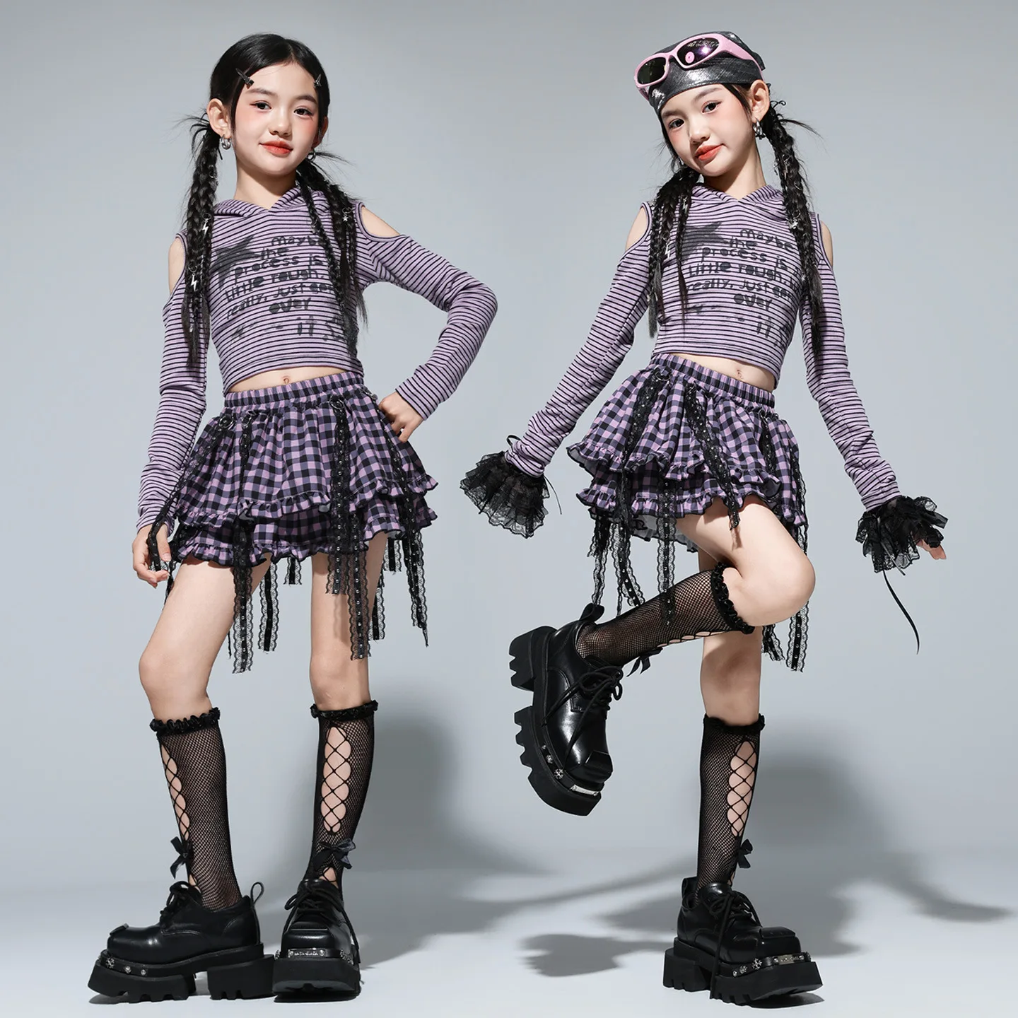 

Костюм для джазовых танцев для девочек, укороченные топы с открытыми плечами ‌ Фиолетовая юбка, детская уличная одежда в стиле хип-хоп, детская групповая одежда для выступлений