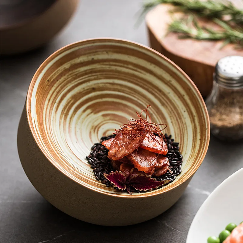 

Rustic Pottery Slanted Bowl for Ice Tea Snacks Single Serving Abalone Display Dish Retro Style