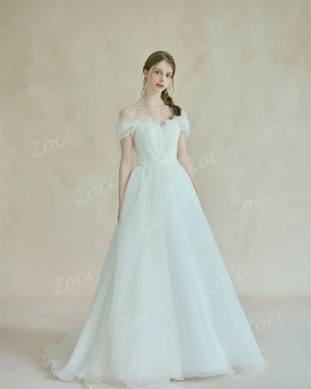 Zoci Modern Off Shoulder Organza A Line Korea Wedding Dresses Corset PhotoShoot Bride Wedding Party Gown 드레스 Customized