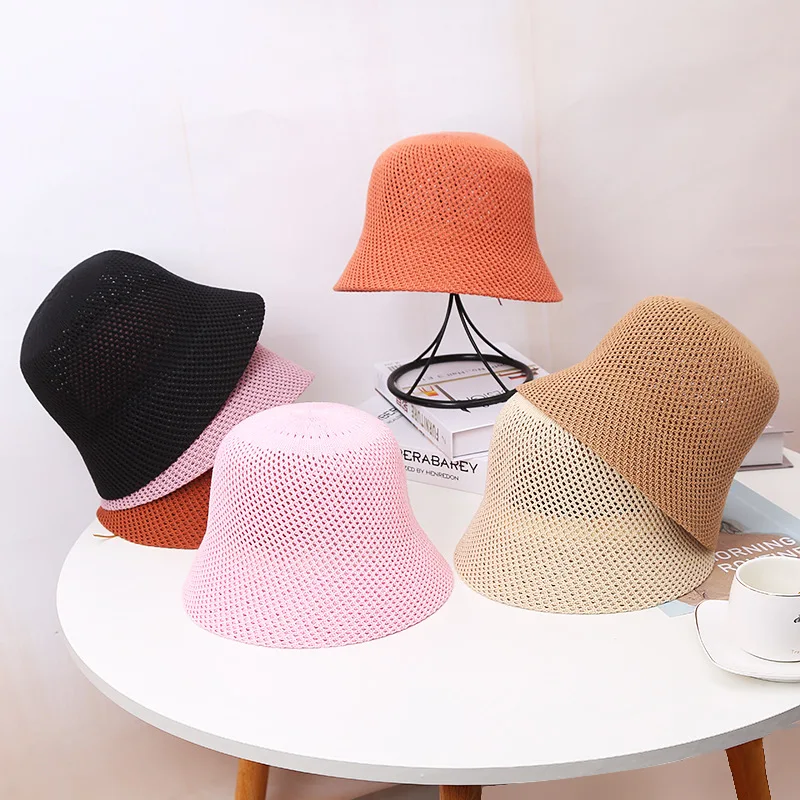 New Knitted Hollow Bucket Hat for Women Foldable Breathable Fisherman Hat Showing Small Face Sunshade Bucket Hat Girls Cute Bobs