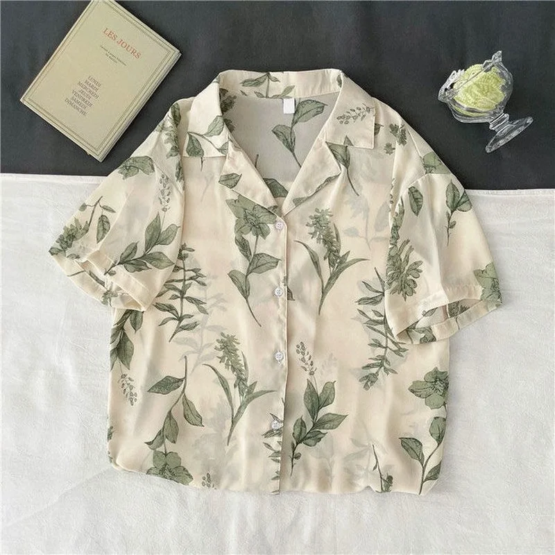 Shirts Women All-match Chiffon Vintage Print New Mujer Daily Camisas Summer Korean Style Students Friends Thin Sun-proof Retro