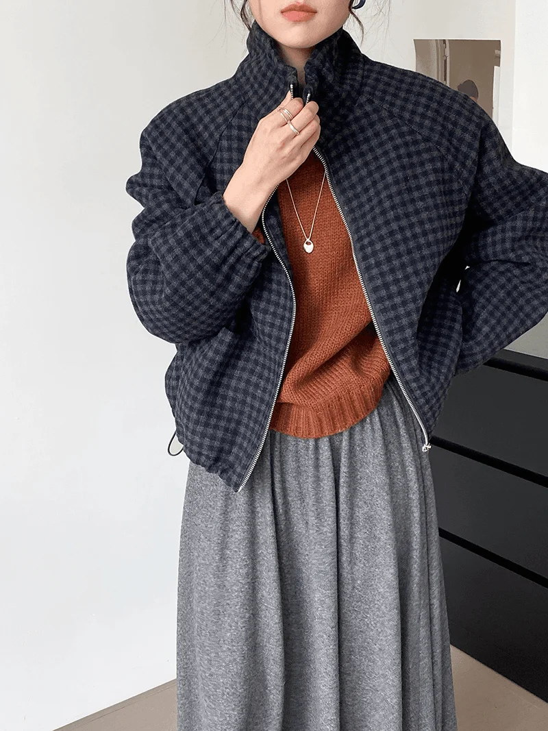 

Retro Stand Up Collar Zipper Plaid Jacket for Women 2025 Autumn New Loose Casual Jacket Top