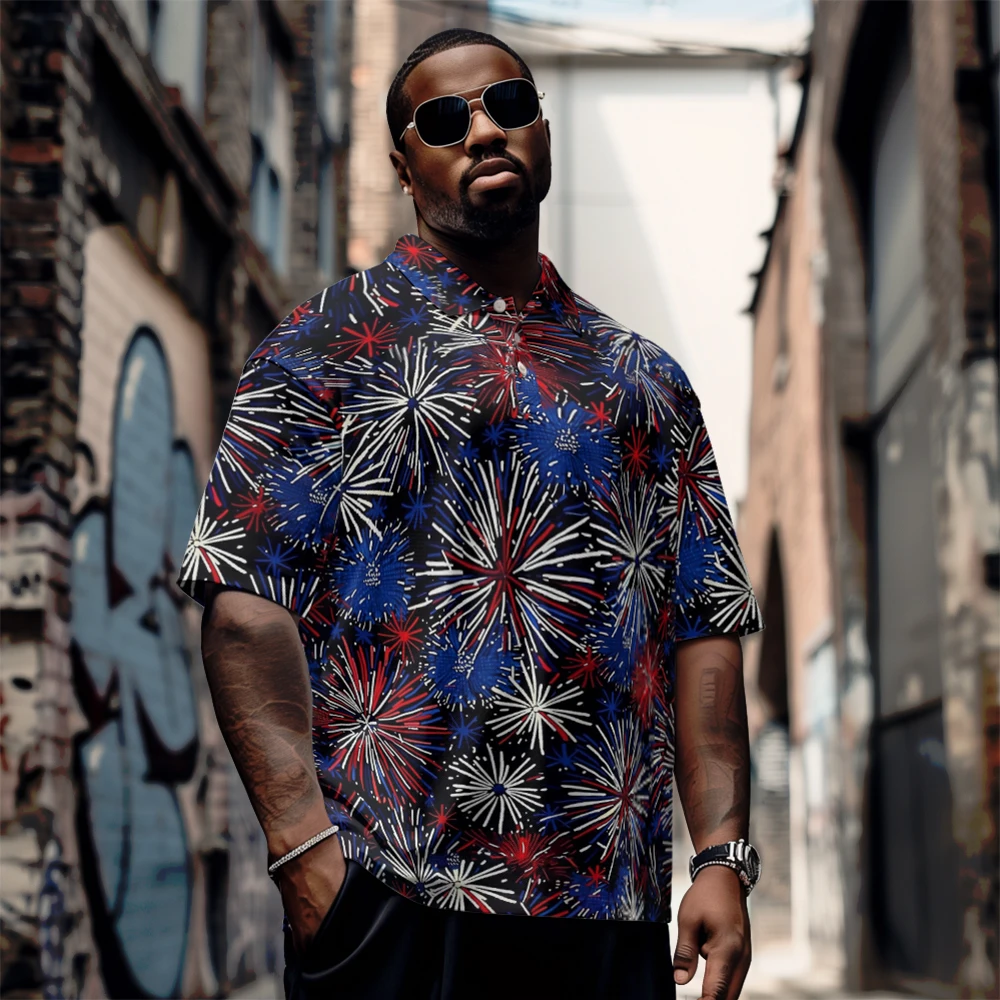 

Large men's summer short sleeved lapel Blue and red color fireworks printed short sleeves Daily casual button polo shirt