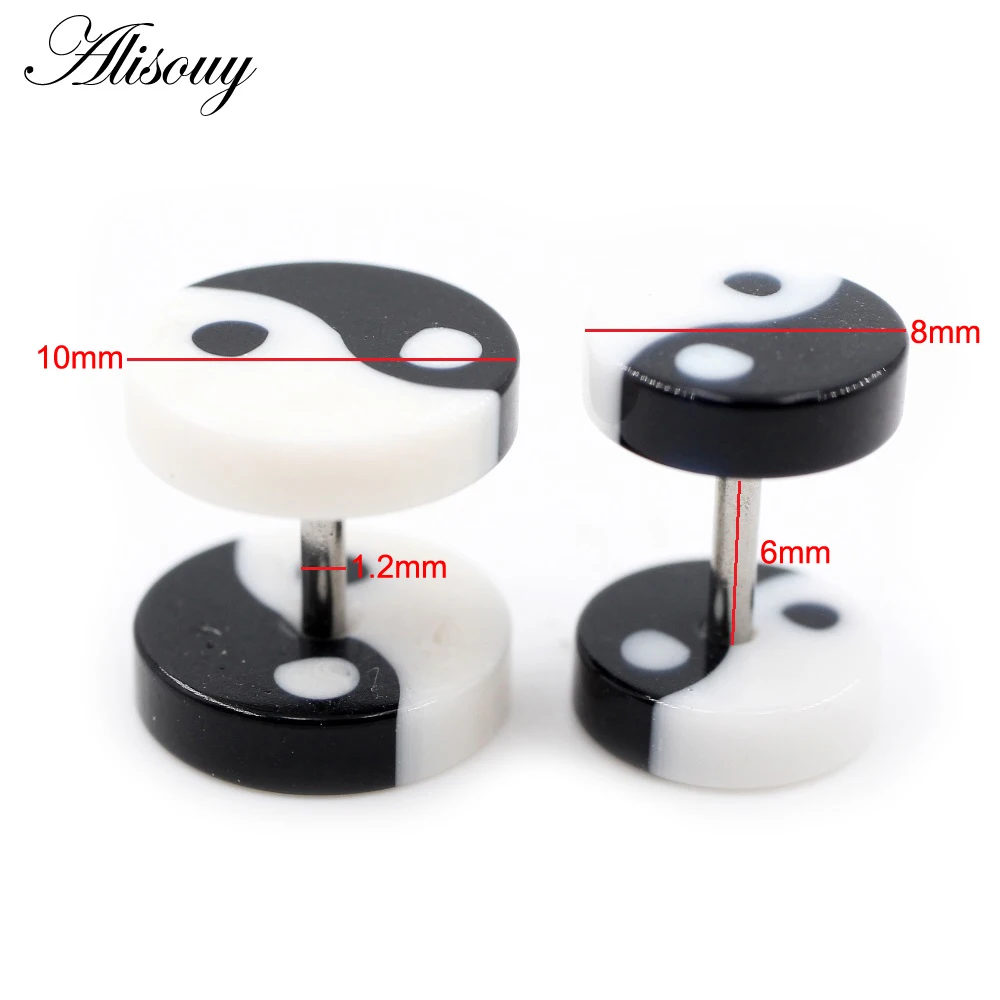 Alisouy 2pcs 8/10mm Bagua Tai Chi Diagram Acrylic Unisex Men Women Barbell Round Ear Stud Earrings Tragus Helix Piercing Jewelry