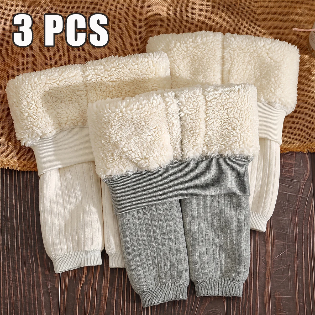 3PCS Baby Winter Sherpa Lined Leggings, Elastic Solid Color Thermal Long Pants for Toddler