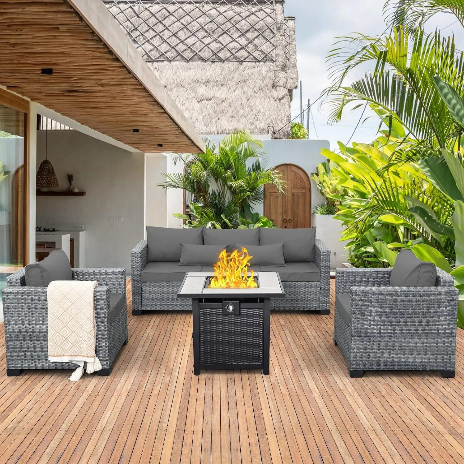 Juego de muebles de mimbre para Patio, conjunto de conversación al aire libre, sofá Seccional de ratán PE con mesa de foso de fuego y gris, 4 piezas