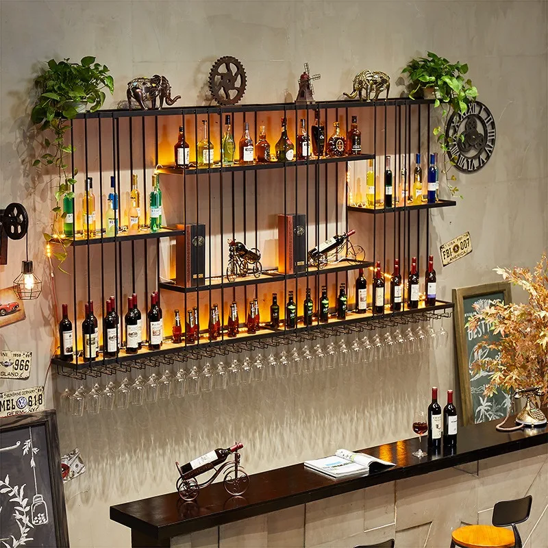 Bar wall-mounted industrial wind rack, wrought iron solid wood wine cabinet