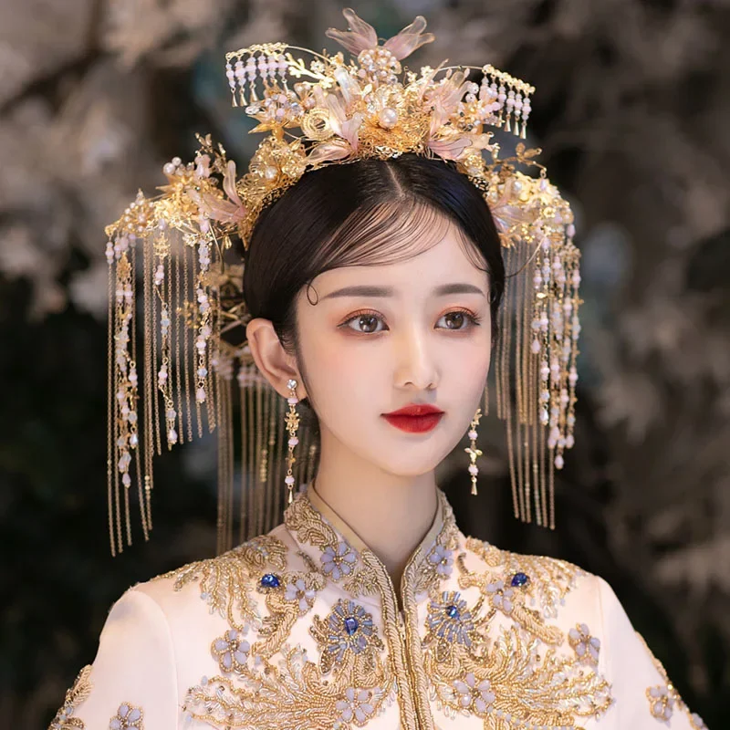 

New Chinese Traditional Wedding Crown Bride Xiuhe Headdress Golden Red Butterfly TAssel Hair Accessories Stage Show Headpiece