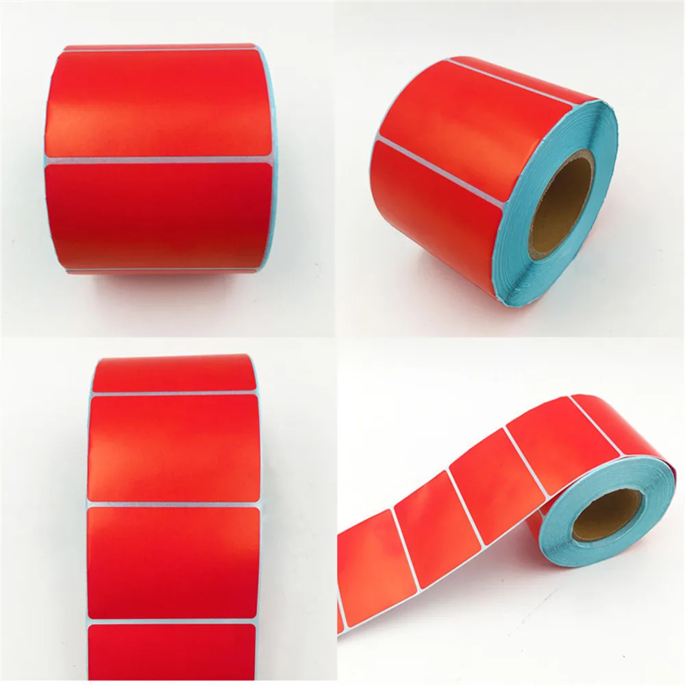 Pegatina de papel térmico con impresión directa roja para código de barras, etiqueta de precio, rollo de papel de impresión, pegatinas