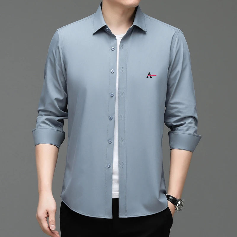 Camisa de mangas comprimidas para hombres, camisa informal masculina, ajuste clásico, marrón, azul, preto, 2023