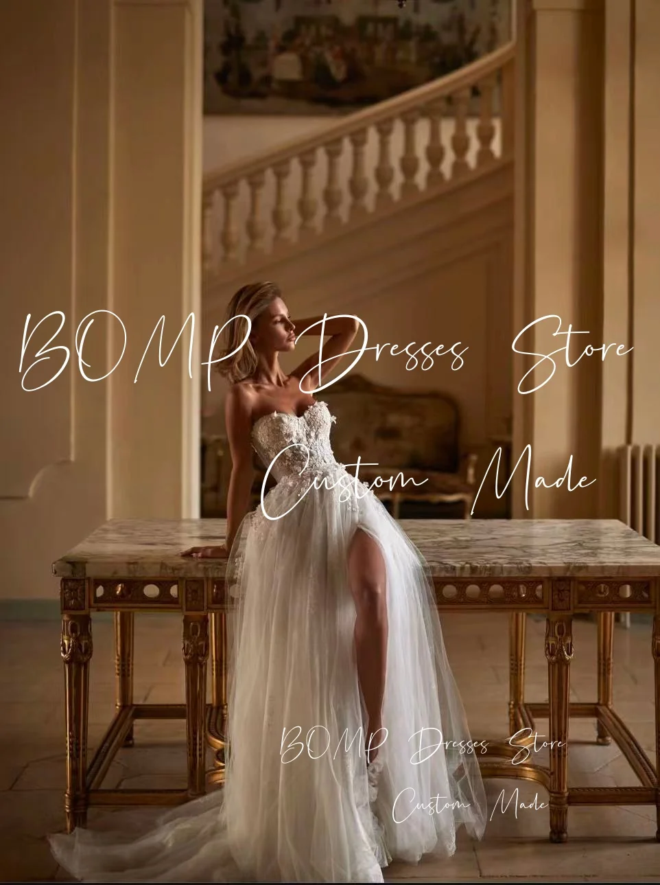 Suknie ślubne BOMP Vintage z kwiatami 3D dla panny młodej, dekolt w serduszko, wysokie rozcięcie z boku, suknia ślubna szyta na miarę, nowa suknia ślubna 2026