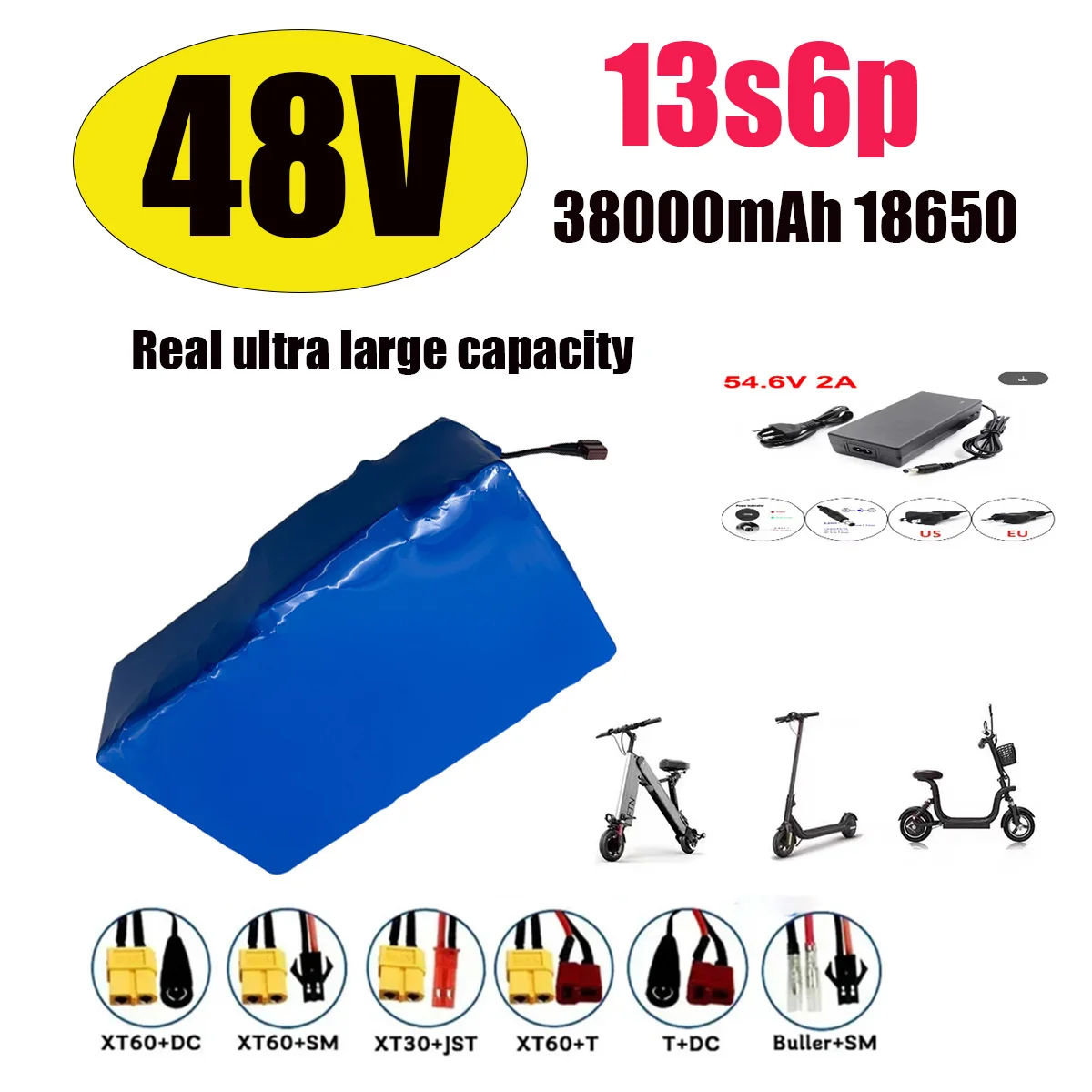 

48V13s6 38AH Battery real capacity XT60 18650 Lithium ion Battery Pack 36000mAh 1800W 2000W For bremer R3 R6 E3 Pro 54.6V BMS