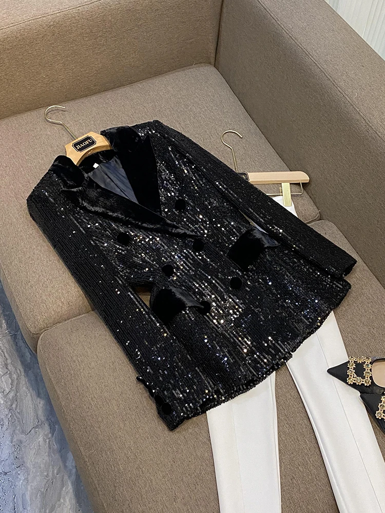 

Bla Velvet Suit Jaet with Sequin Splicing Waist-Cinching Commute Top Women's Busin Casual Long Sve Midi Coat