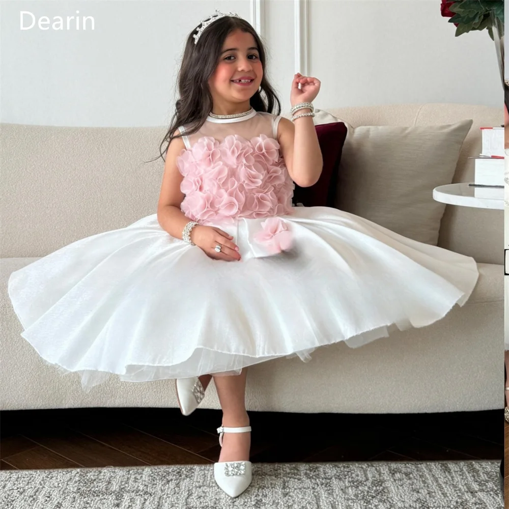 

Dearin Scoop Neckline Ball Gown Tea length Skirts Layered Draped Applique 3D Flower Girl Dresses