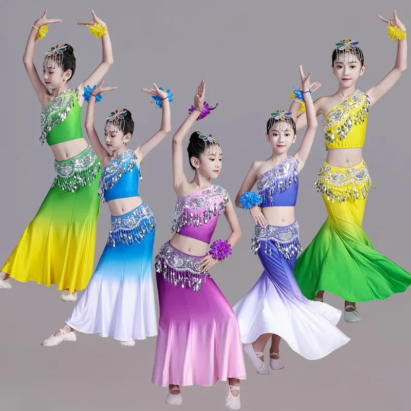 Children's Dai Dance Costume Elastic Peacock Dance Performance Costume Fishtail Skirt Minority Folk Dance Nationality Dress