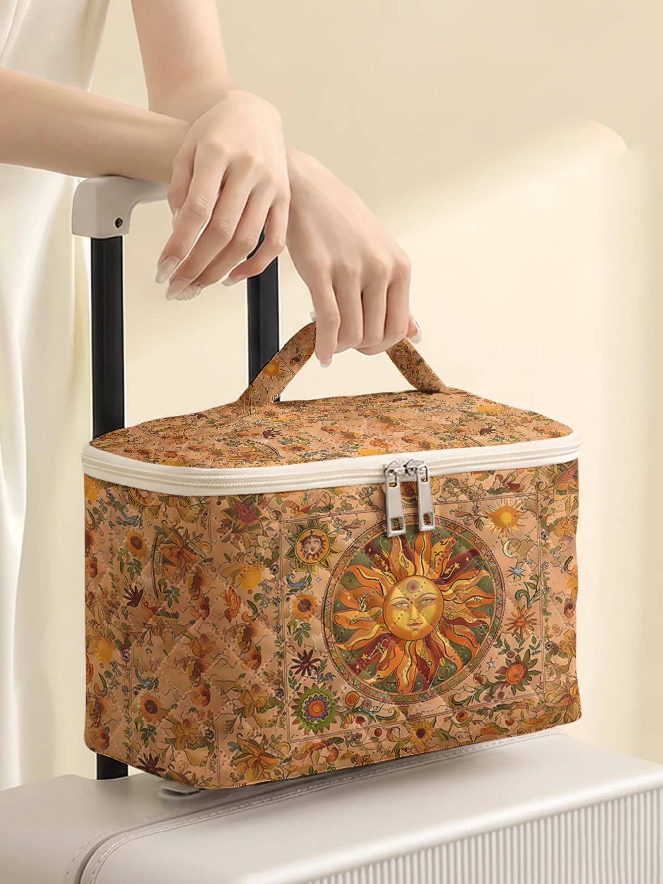 1pc, Portable travel cosmetics with vintage sun floral patterns, large capacity travel storage bag, cute and stylish makeup bag